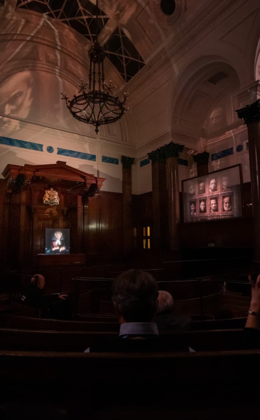 History Whisperer interactive XR museum experience courtroom ceilings lit up