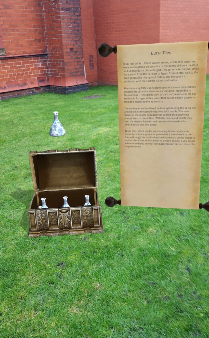 AR tourist storyquest BursAR ceramics, treasure chest and scroll