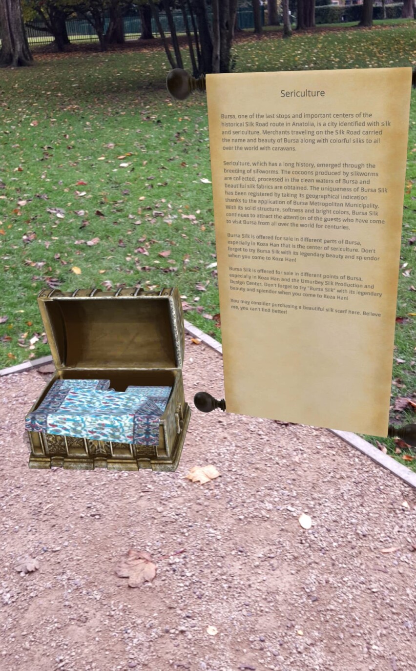 AR tourist storyquest BursAR silk, treasure chest and scroll